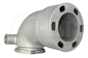 A stainless steel elbow with a flange on the side.
