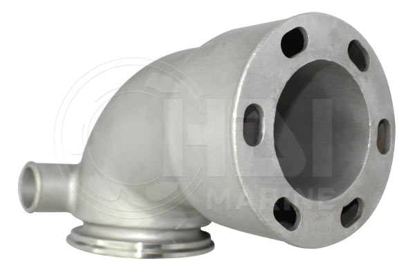 A stainless steel elbow with a flange on the side.