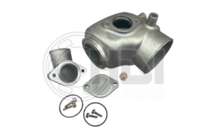 Engine exhaust manifold with bolts and gasket.
