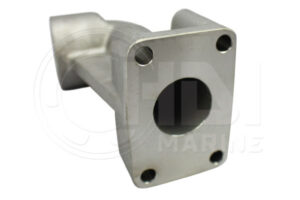 A stainless steel boat part with four holes.