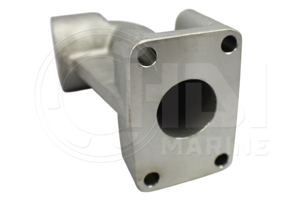 A stainless steel boat part with four holes.
