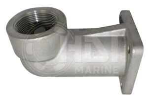 A stainless steel elbow with an outlet on the side.