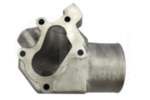 A stainless steel water pump housing with a hole in the side.