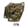 A piece of cloth with several holes and four small metal clips.