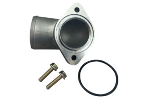 A water pump housing with two bolts and one o-ring.