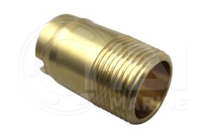 A brass pipe with a thread on the end of it.