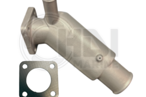 A stainless steel exhaust manifold with a gasket.