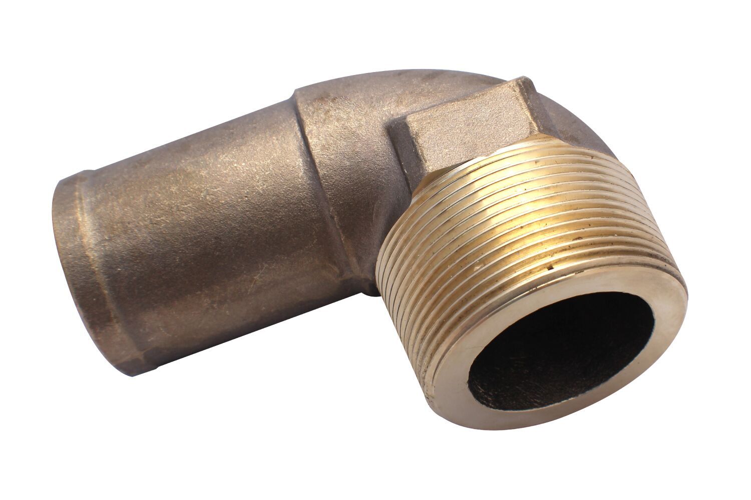 A close up of the end of a brass elbow