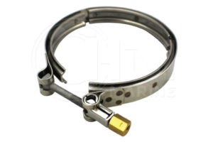A stainless steel hose clamp with a yellow lock.