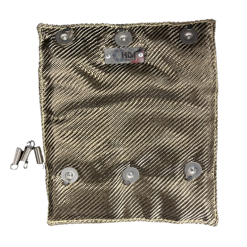 A bag of silver fabric with metal rivets.