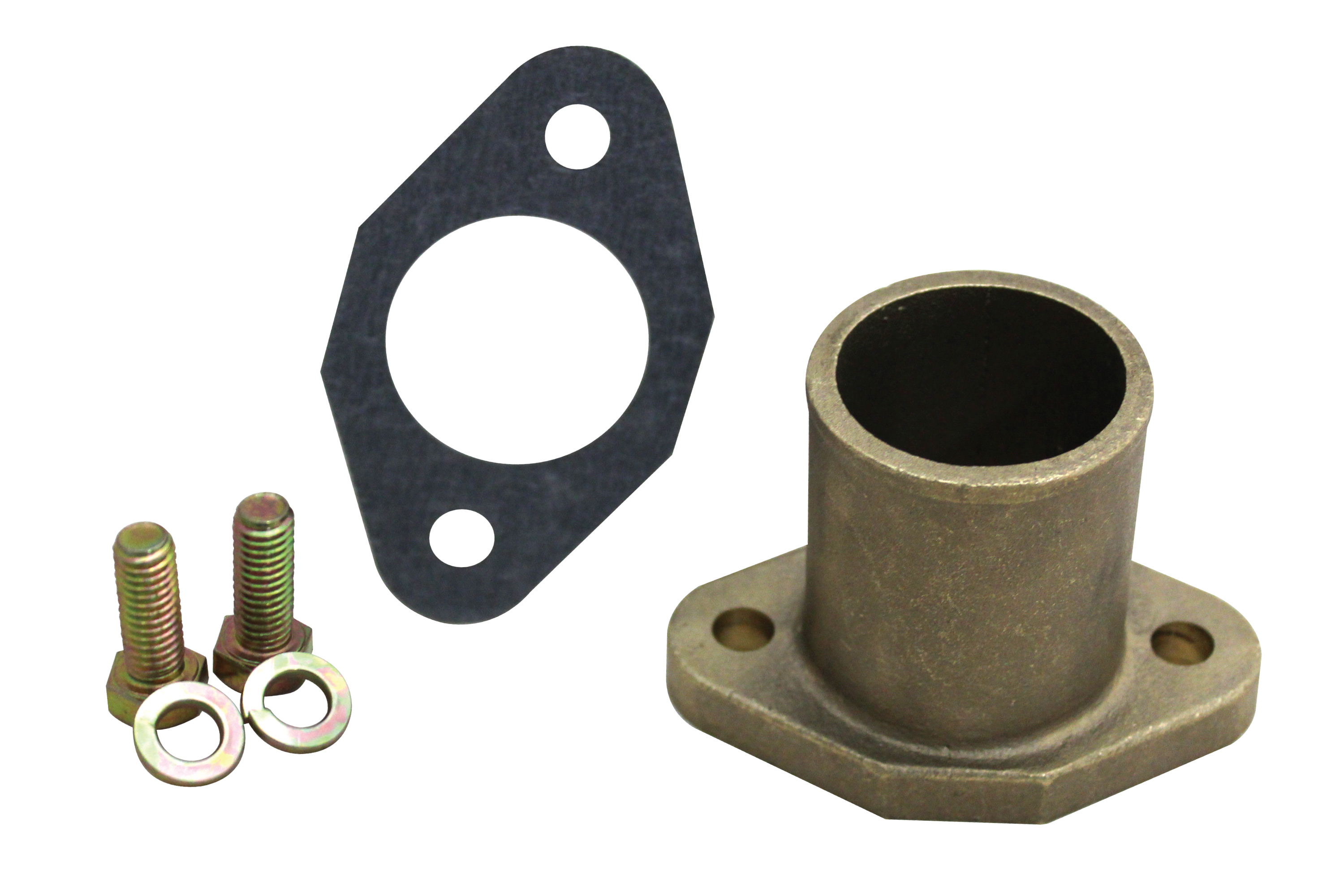 A bronze pipe with a gasket and nuts.