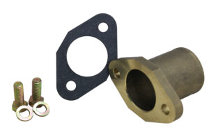 A brass exhaust manifold with a gasket and nut.