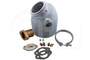 A white and silver water pump with parts.