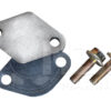 A picture of the mounting plate and hardware for a water pump.