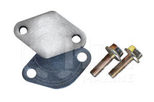 A picture of the mounting plate and hardware for a water pump.
