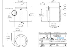 A drawing of the dimensions of a water meter.