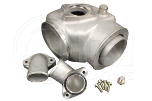 A metal piece of equipment with two pipes and three bolts.