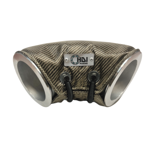 A pair of exhaust manifolds are wrapped in fabric.