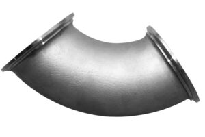 A stainless steel elbow with two side holes.