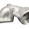 A silver metal part with two holes in it.