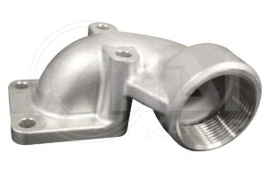 A silver metal part with two holes in it.