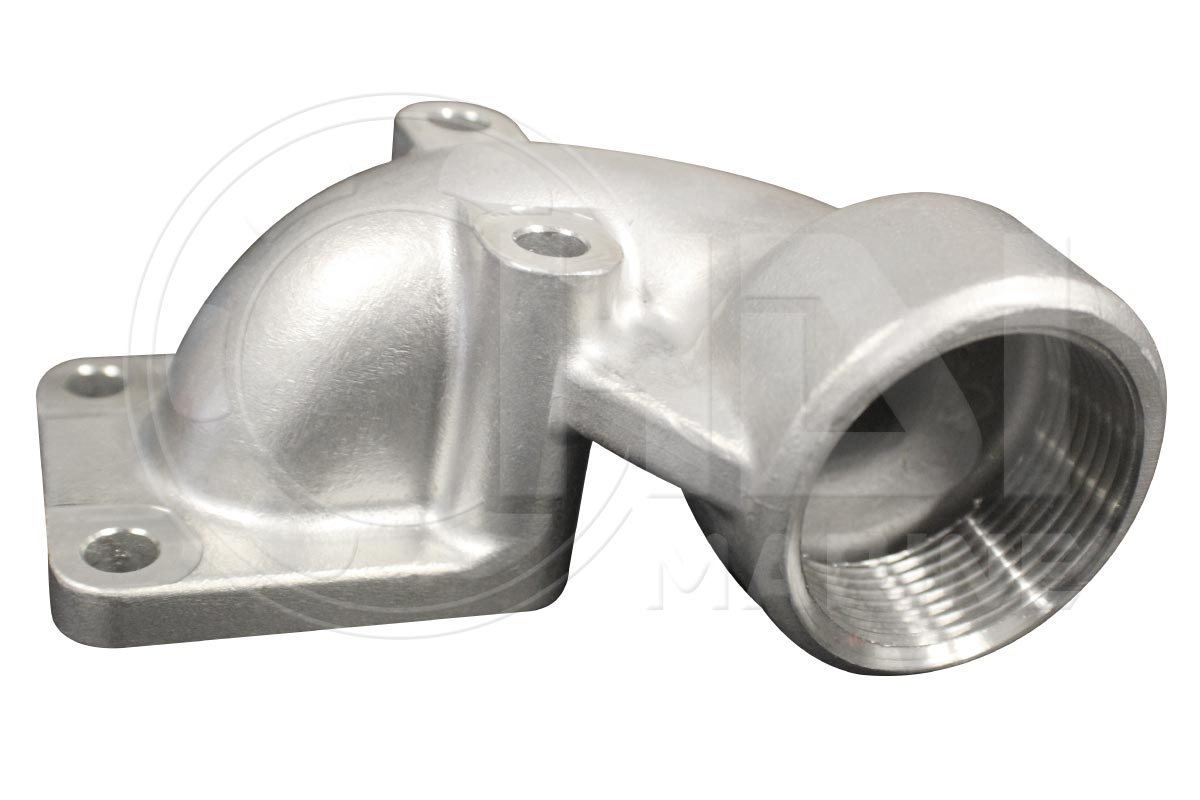 A silver metal part with two holes in it.