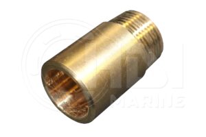 A brass pipe fitting that is connected to the end of a hose.