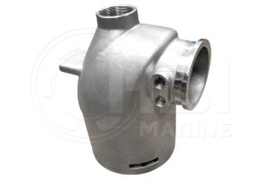A stainless steel water pump housing with two outlets.
