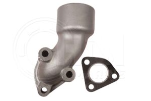 A silver cast iron water pump with a black metal gasket.