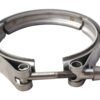 A stainless steel clamp is shown with bolts.