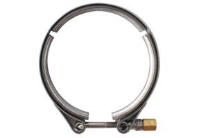 A stainless steel hose clamp with an air brake fitting.