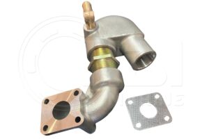 A metal elbow with a gasket and a piece of cardboard