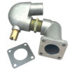 A silver metal elbow with a brass nut and gasket.