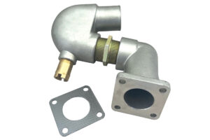 A silver metal elbow with a brass nut and gasket.