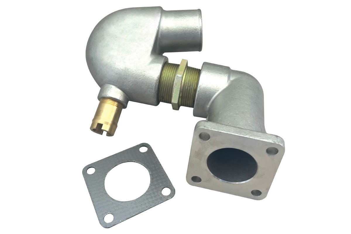A silver metal elbow with a brass nut and gasket.