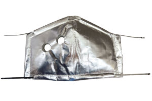 A silver mask with a hole in the middle of it.
