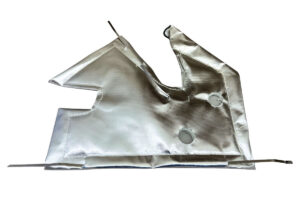A piece of silver cloth with holes in it.