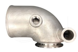 A close up of the side view of a stainless steel elbow.