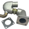 A silver metal elbow with a brass pipe and a steel plate.