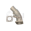 A silver metal elbow with a gasket and one part of the same.