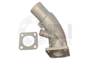 A silver metal elbow with a gasket and one part of the same.