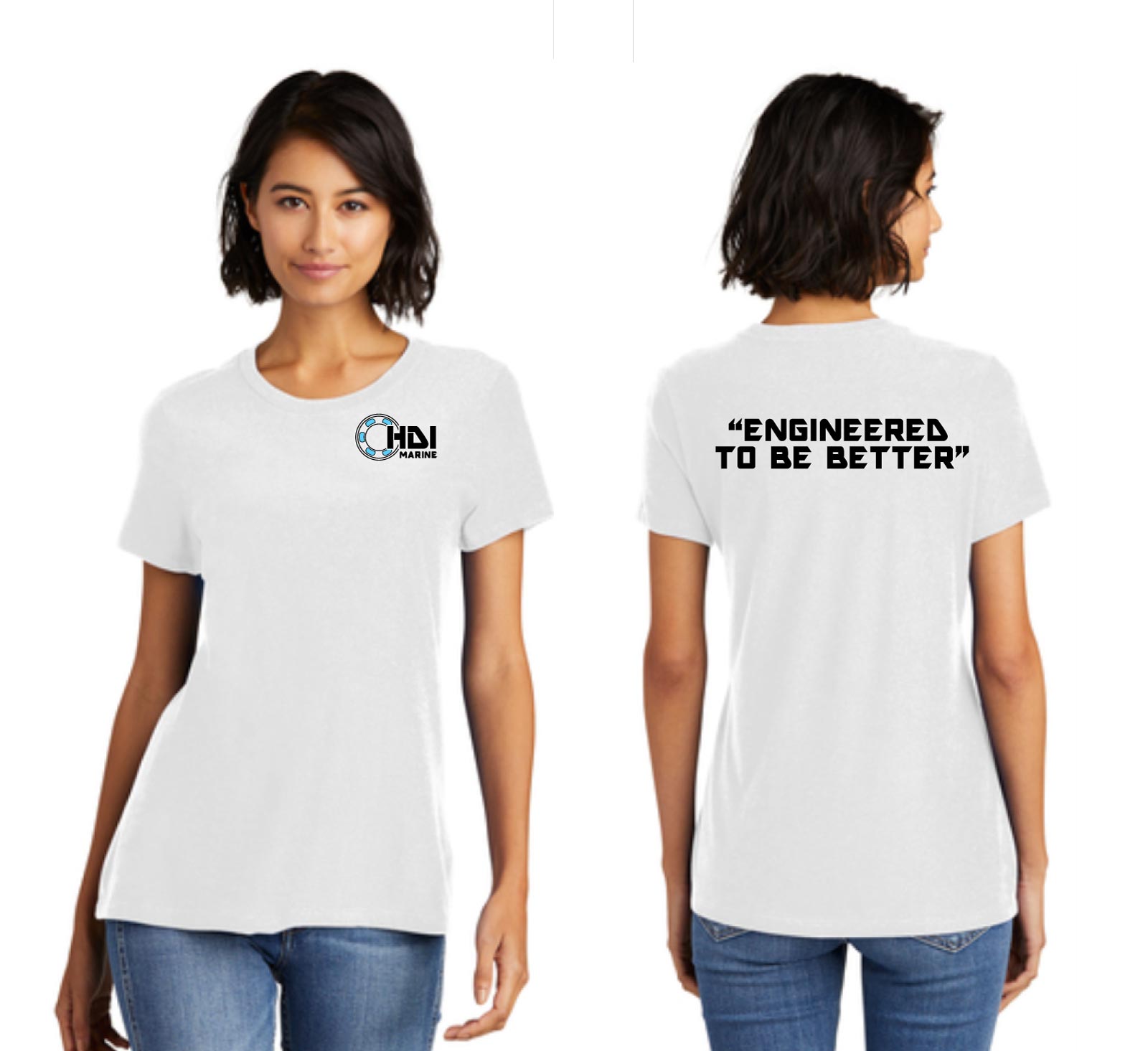 A woman wearing jeans and white t-shirt with words on it.