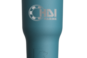 A blue cup with the logo of hdi marine.