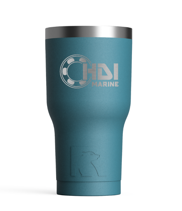 A blue cup with the logo of hdi marine.