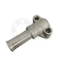 A silver metal part with two small holes.