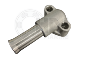 A silver metal part with two small holes.