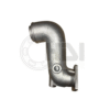 Metal exhaust manifold pipe on white background.