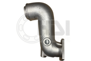 Metal exhaust manifold pipe on white background.