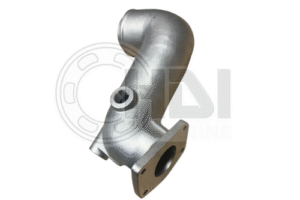 Metal automotive exhaust manifold against white background.