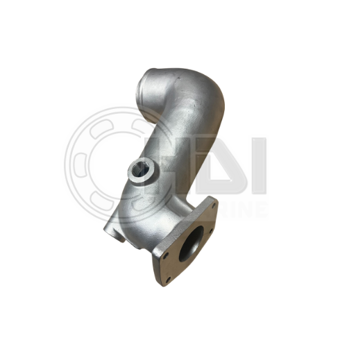 Metal automotive exhaust manifold against white background.